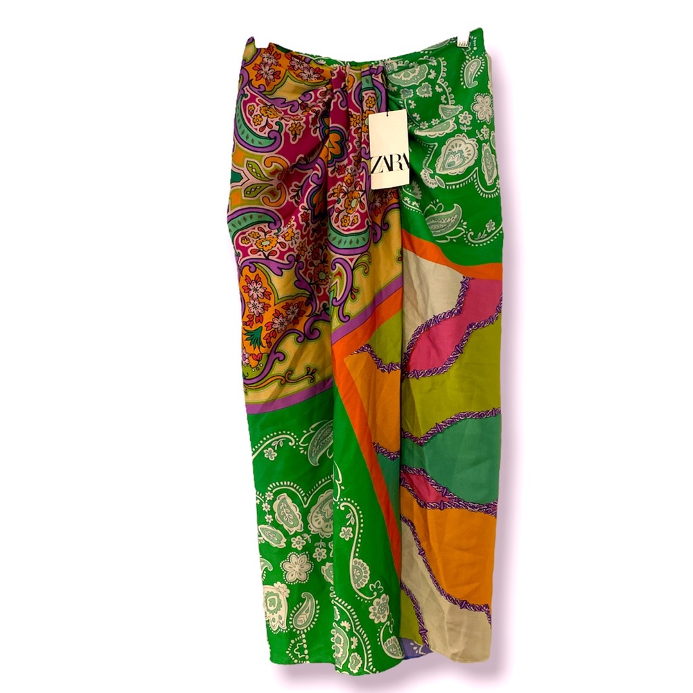 ZARA // Colorful Paisley ~ Patchwork Side Slit Silk Midid Skirt